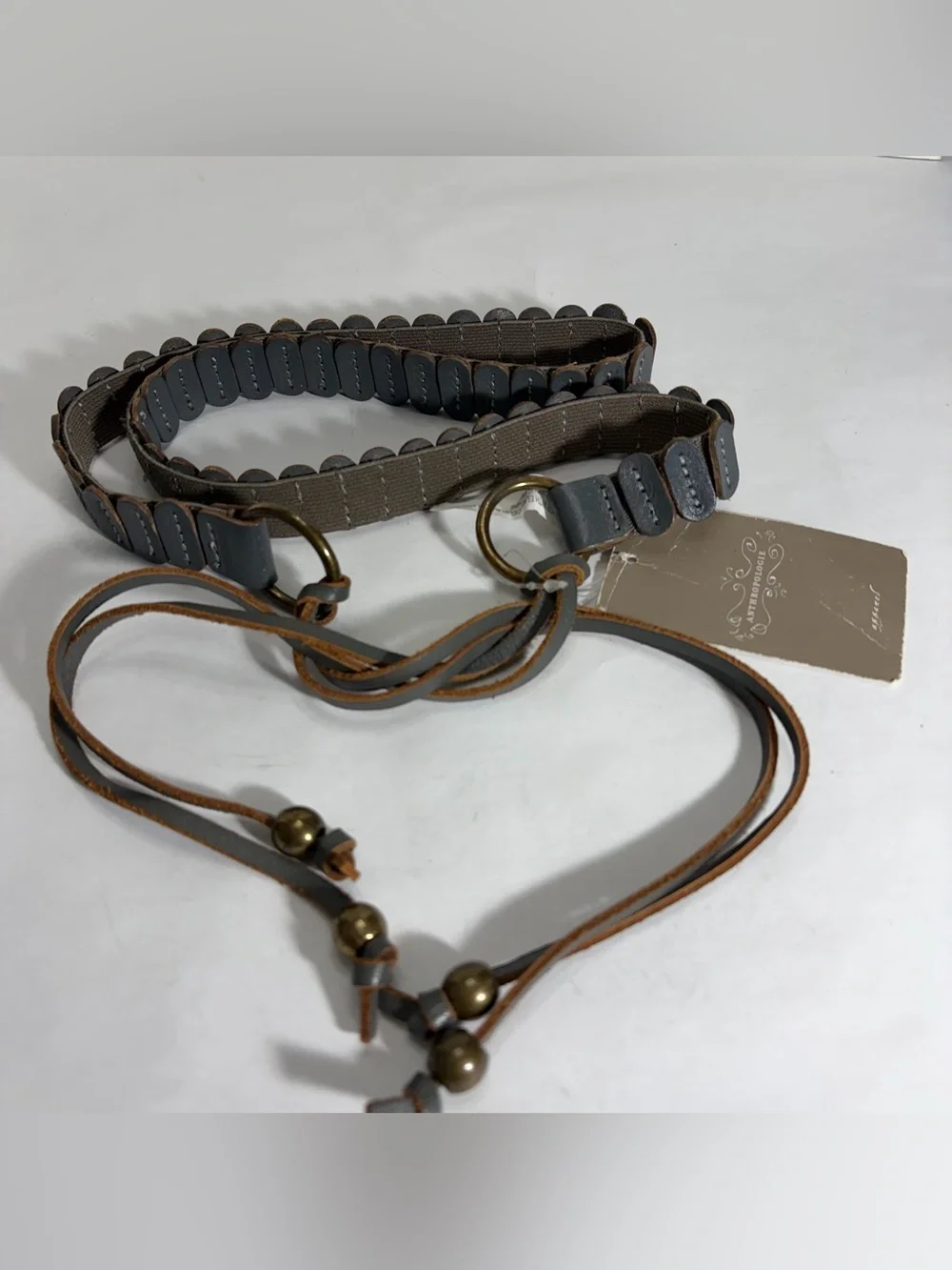 NWT Anthropologie Dark Grey Leather Oval Segment Stretch Tie Belt Brass Beads M